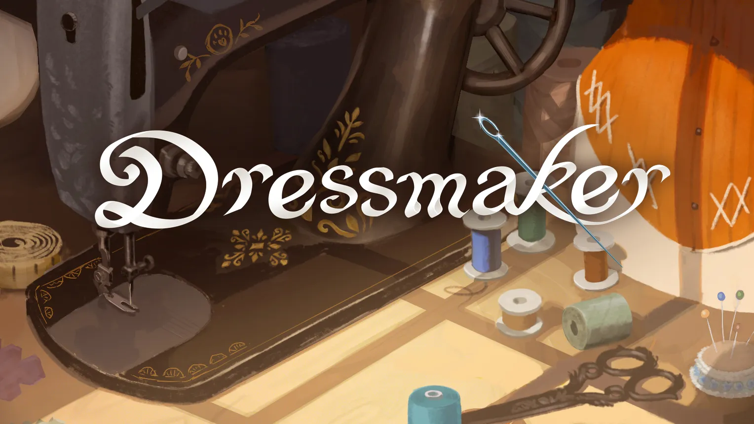 Dressmaker key art showing a vintage sewing machine, thread, scissors, and fabric